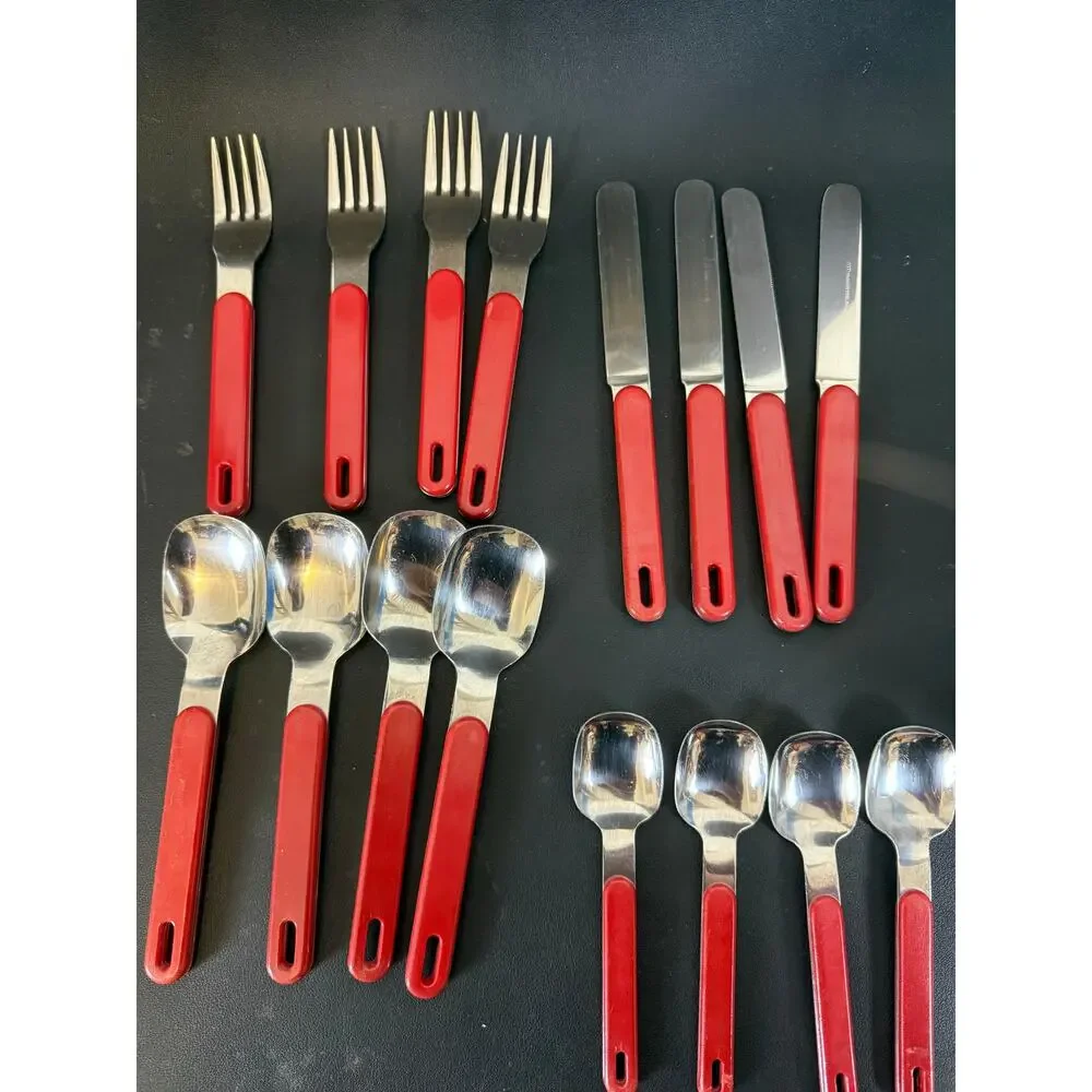 Vintage MCM Red Melanine Handle YAX Flatware Utensil Set